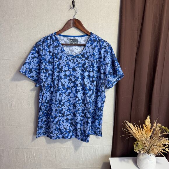 Butter-Soft Scrub Top Size XL Blue Floral V-Neck Short Sleeve with Pockets - Picture 1 of 13